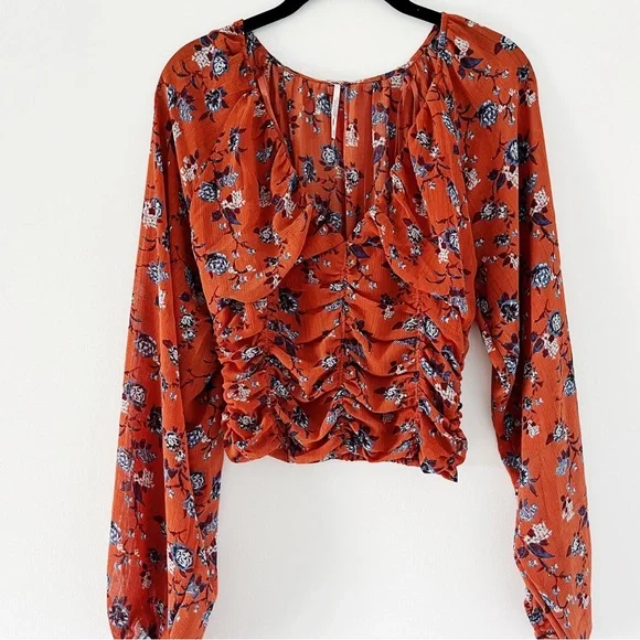 NWOT Free People New Final Rose Long Sleeve Blouse - Rust Combo XS - Picture 2 of 12